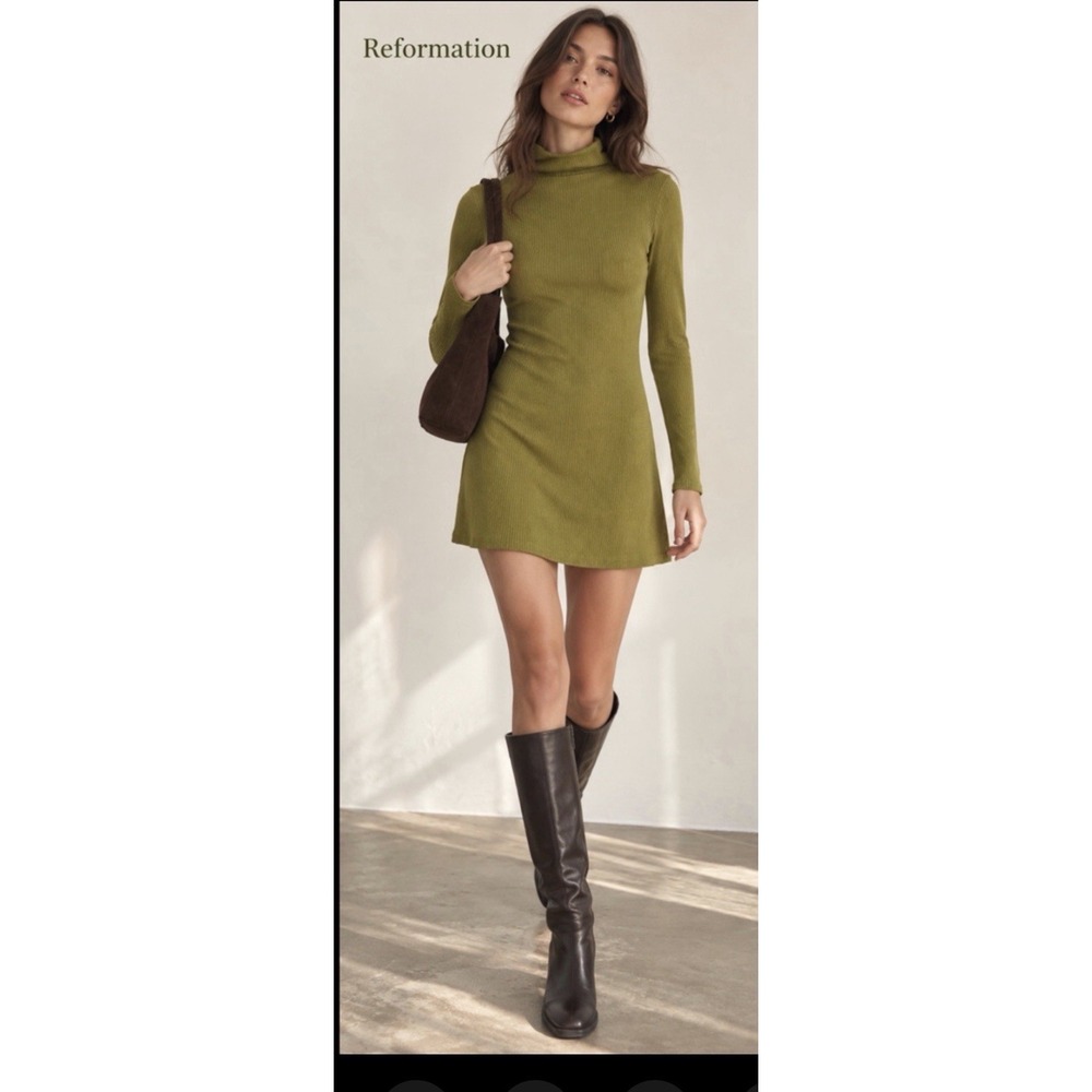 Reformation Ribbed Turtleneck Mini Dress XL Olive Green Tencel Minimalist Fall